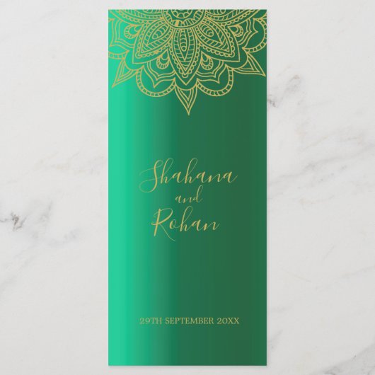 Menu Indische Stijl Groen Goud Kleurd Chic Weddens (Achterkant)