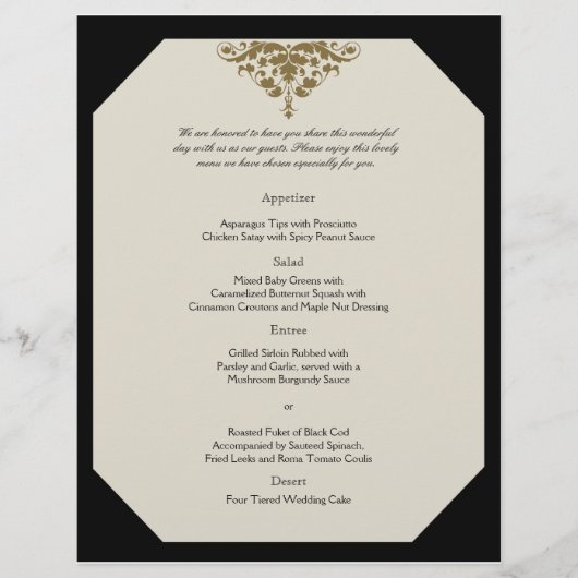 Menu Ivory Black en Gold Damask Wedding (Voorkant)