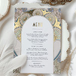 Menu Kaart Dusty Blue Gold Art Nouveau Mucha<br><div class="desc">Verhoog uw eetervaring met onze prachtige menukaart, met Navy Blue Bougainvilleas en details geïnspireerd door Alphonse Mucha's iconische Art Nouveau stijl. Gedrukt met echte folie, deze menukaart is een echt meesterwerk dat elegantie en verfijning toevoegt aan elk evenement. De ingewikkelde details rondom de menuinformatie op deze kaart, zoals de sierelementen...</div>