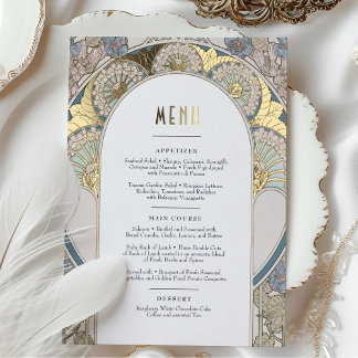 Menu Kaart Dusty Blue Gold Art Nouveau Mucha