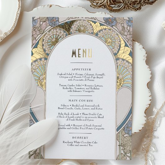 Menu Kaart Dusty Blue Gold Art Nouveau Mucha
