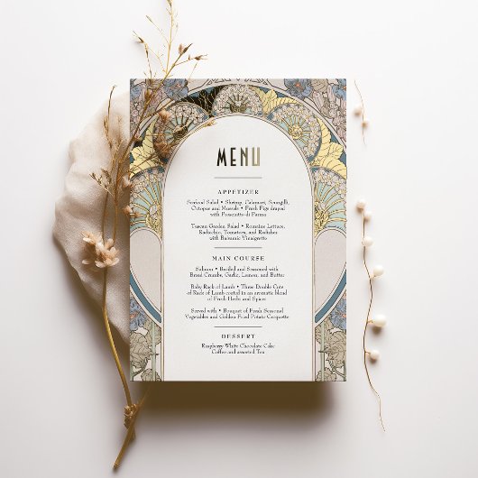 Menu Kaart Dusty Blue Gold Art Nouveau Mucha