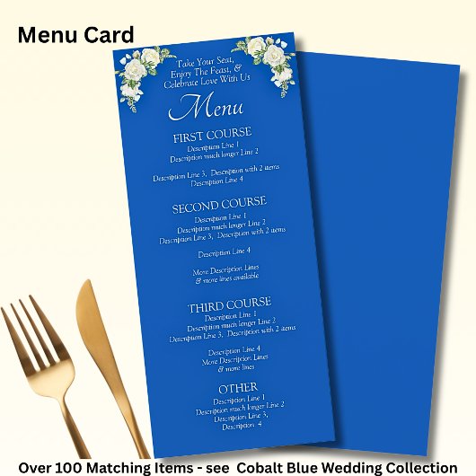 Menu Kaart - Kobalt Blauw & Wit Rozen