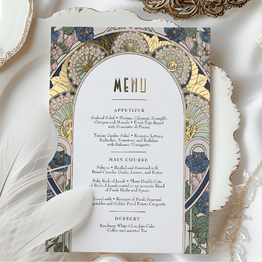 Menu Kaart Navy Blue Gold Art Nouveau Mucha