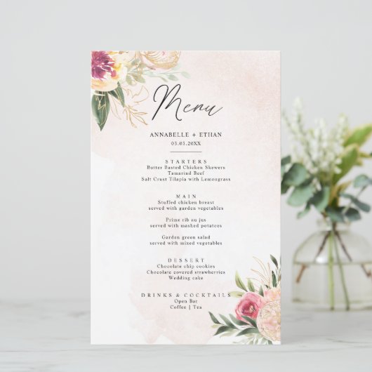 Menu-kaart Peony en Gold Foil Bloom (Staand voorkant)