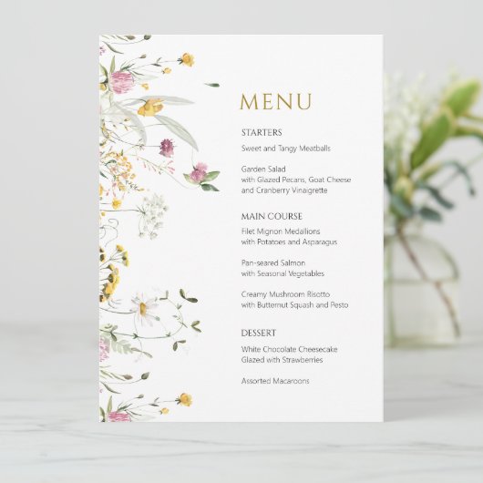 Menu Kaart Roze Gele Wilde Bloemen (Staand voorkant)