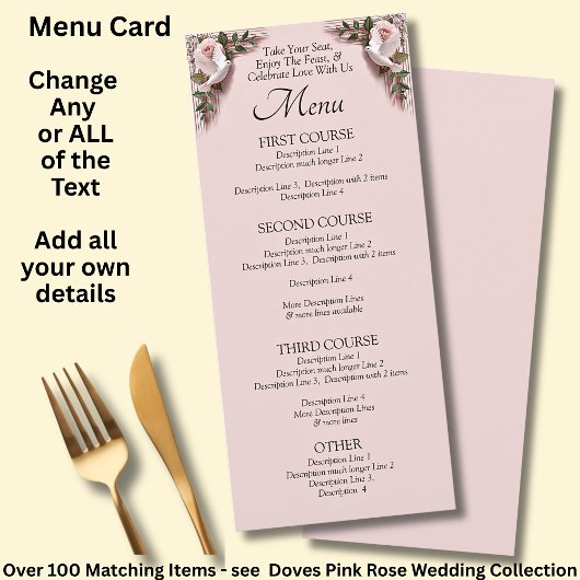 Menu Kaart - Roze Rozen & Duiven Bruiloft