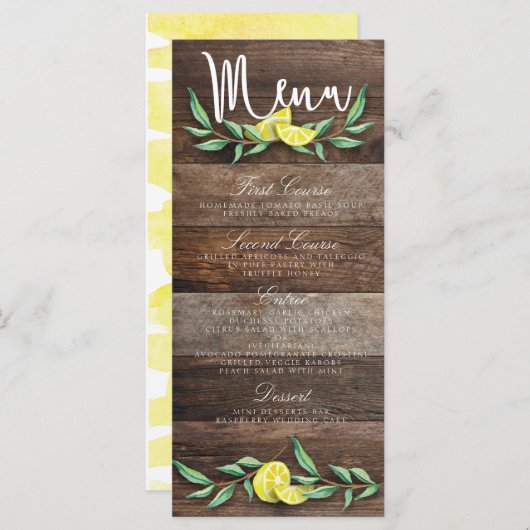 MENU-KAART | Rustieke Wood Lemon Waterverf bruilof Menu (Voorkant / Achterkant)