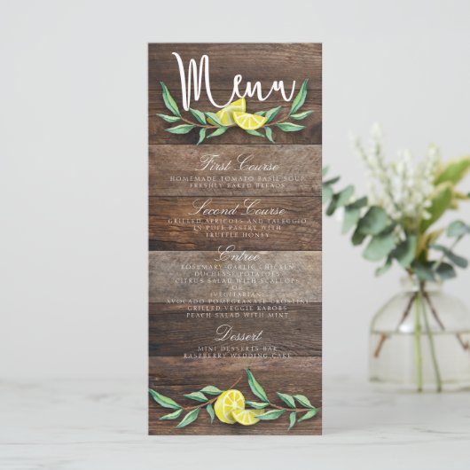 MENU-KAART | Rustieke Wood Lemon Waterverf bruilof Menu (Staand voorkant)
