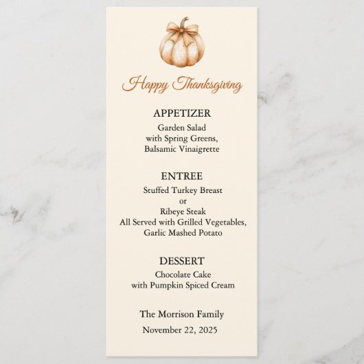 Menu kaart, Thanksgiving Menu, Diner, Lunch Kaart (Voorkant)