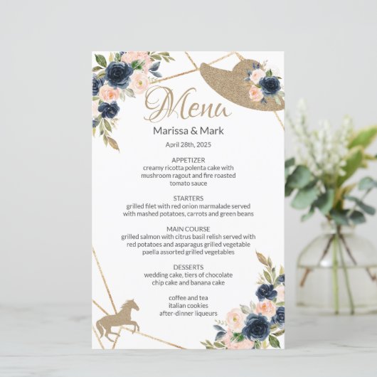 Menu Kentucky Derby Blush & Navy Wedding (Staand voorkant)