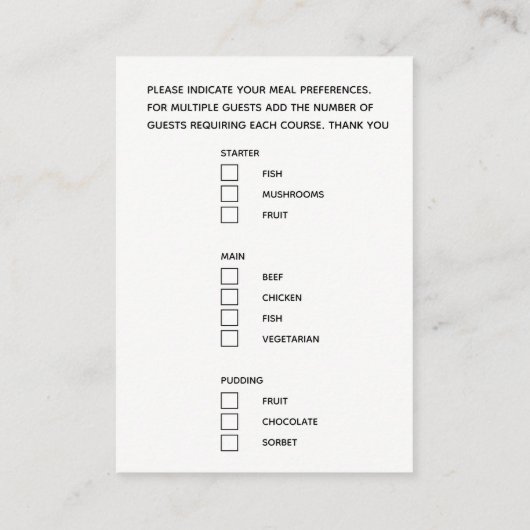 Menu-keuze maaltijd opties script tekst zwarte kaa informatiekaartje (Achterkant)