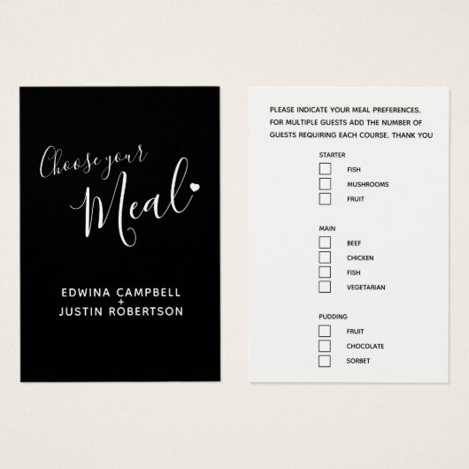 Menu-keuze maaltijd opties script tekst zwarte kaa visitekaartje (Voorkant /achterkant)