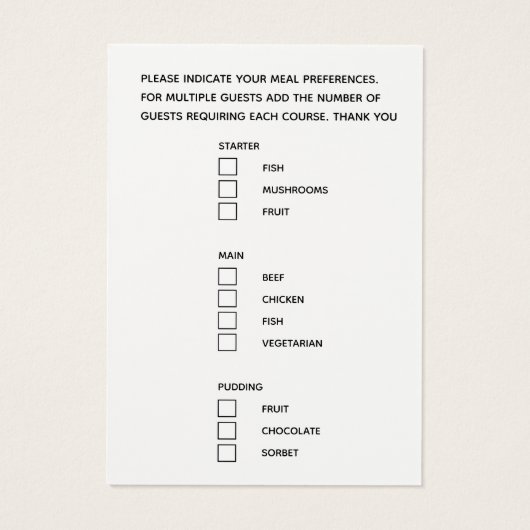 Menu-keuze maaltijd opties script tekst zwarte kaa visitekaartje (Achterkant)