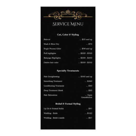Menu Klassieke SWirls Service Price Black Gold Foi (Voorkant)