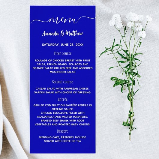Menu koninklijk blauw wit bruiloft