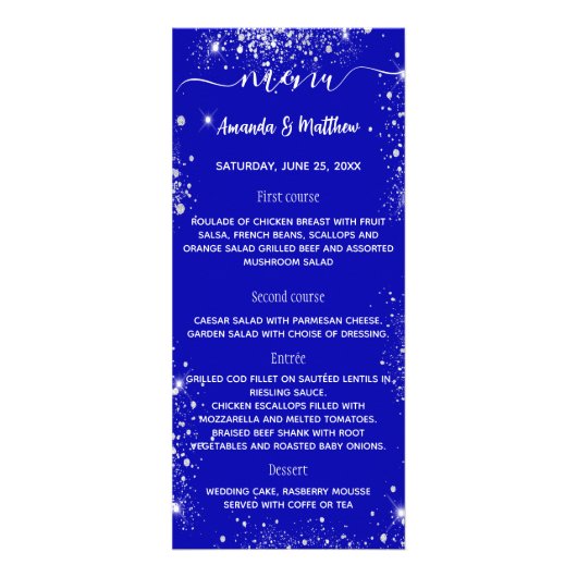 Menu koninklijk blauw zilver glitter bruiloft (Voorkant)