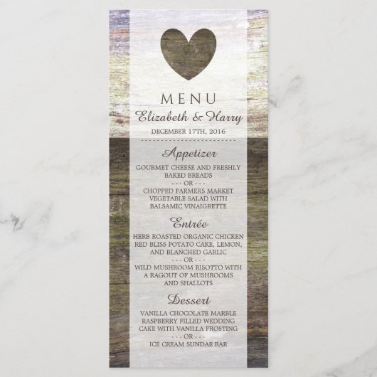 Menu Landelijk houten hart bruiloft (Voorkant)