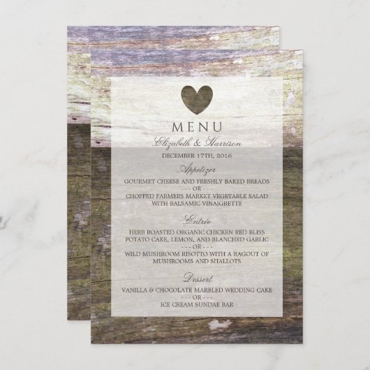 Menu Landelijk houten hart bruiloft (Voorkant / Achterkant)