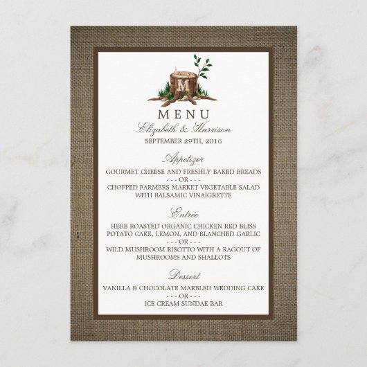 Menu Landelijke bijtende monogram en bruiloft (Voorkant)
