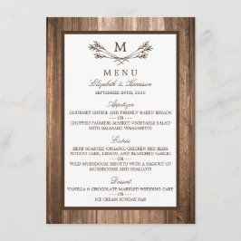 Menu Landelijke bijtende monogram en houten bruilo