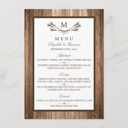 Menu Landelijke bijtende monogram en houten bruilo (Voorkant)