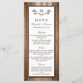 Menu Landelijke bijtende monogram en houten bruilo
