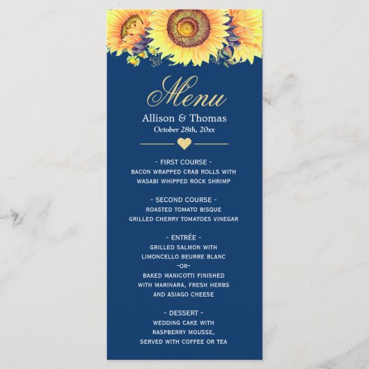 Menu Landelijke zonnebloemen Navy Blue Wedding (Voorkant)