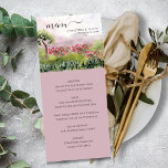 Menu Landenweide Waterverf Stusty Roos Weddenschap<br><div class="desc">Landenbeemdtrouwmenu met prachtige landschapscène in tinten stoffige roos roze en groen. De cursussen en menupunten zijn volledig editable en het ontwerp kenmerkt elegant manuscript, moderne typografie, berglandschap, graslandgroen en wilde bloemen. De achterkant is duidelijk stoffige roze roos, die u kunt bewerken als u dat wenst. Blader door het collectie Landenvenster...</div>
