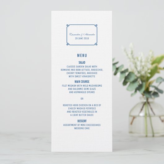 Menu Lapis Blue Deco Chic Wedding (Staand voorkant)