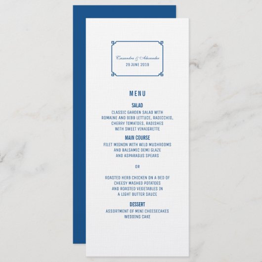 Menu Lapis Blue Deco Chic Wedding (Voorkant / Achterkant)