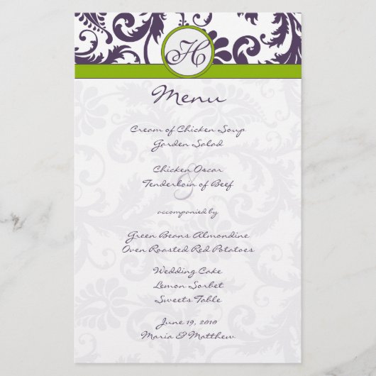 Menu Lapis Paars en Apple Green Damask Wedding (Voorkant)
