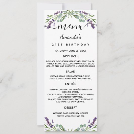 Menu lavender violet eucalyptus verjaardagskaart kaart (Voorkant)