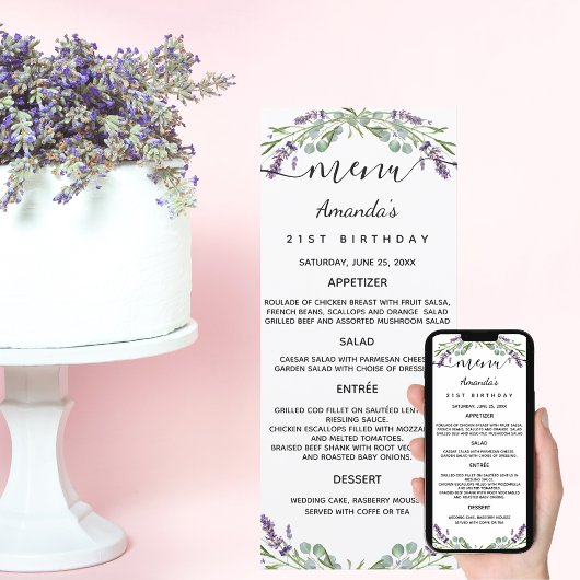 Menu lavender violet eucalyptus verjaardagskaart kaart