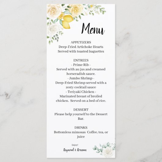 Menu Lemons & Rozen Weddenschap Vrijgezellenfeest (Voorkant)