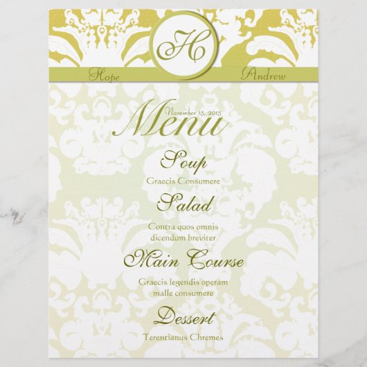 Menu limoen- en Gold Damask Monogram Wedding (Voorkant)