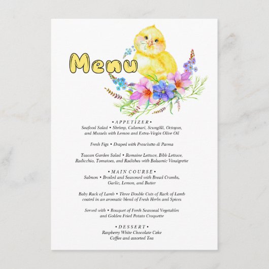 Menu Little Chick Baby shower (Voorkant)
