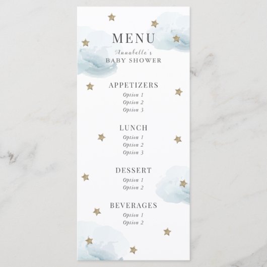 Menu Little Star Blue Baby shower (Voorkant)