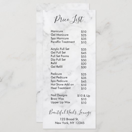 Menu Marble Nail Salon Professional Price List (Voorkant / Achterkant)