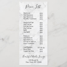 Menu Marble Nail Salon Professional Price List