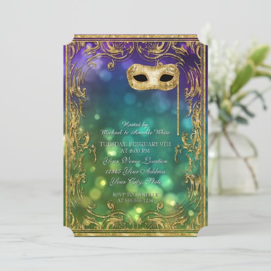 Menu Mardi Gras Masquerade Bokeh Gold Glitter Kaart (Staand voorkant)