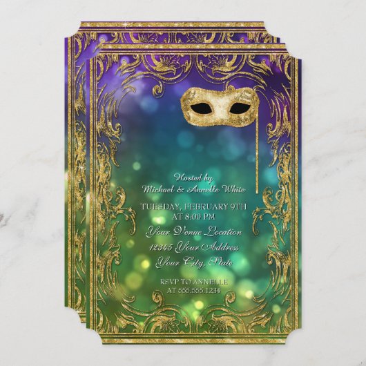 Menu Mardi Gras Masquerade Bokeh Gold Glitter Kaart (Voorkant / Achterkant)