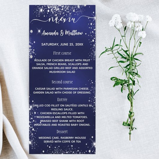 Menu marineblauw wit glitter bruiloft