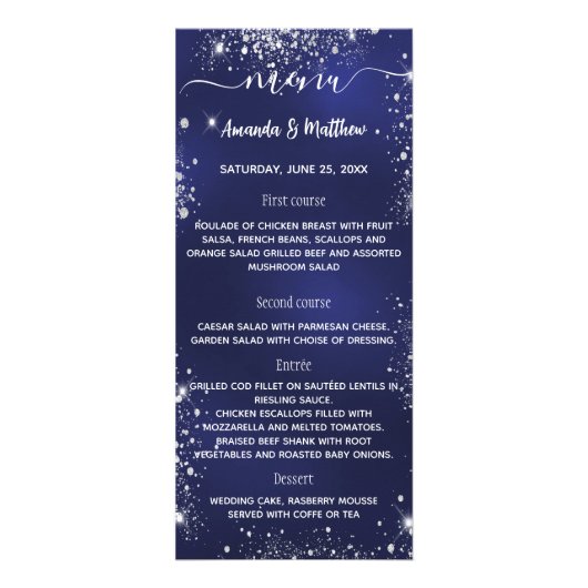 Menu marineblauw wit glitter bruiloft (Voorkant)