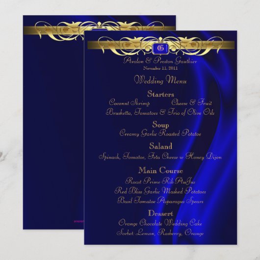 Menu Marquis Blue Silk Gold Scroll Weddenschap (Voorkant / Achterkant)
