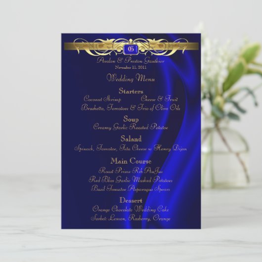 Menu Marquis Blue Silk Gold Scroll Weddenschap (Staand voorkant)