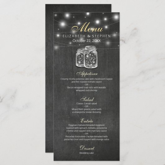 Menu Mason Jar & String Lights Chalkboard Weddensc (Voorkant / Achterkant)