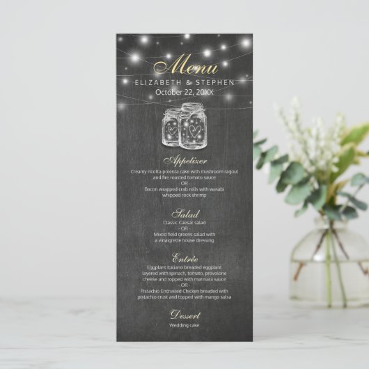 Menu Mason Jar & String Lights Chalkboard Weddensc (Staand voorkant)