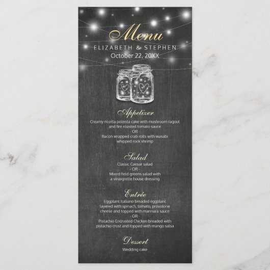 Menu Mason Jar & String Lights Chalkboard Weddensc (Voorkant)