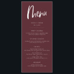 Menu Merlot Modern Minimalist Wedding<br><div class="desc">Moderne,  minimalistische menukaart voor het huwelijksdiner met boho script font. De achtergrondkleur is rood met witte teksten.</div>